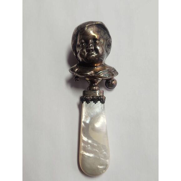 No Brand Other - Antique Victorian Sterling Silver Baby Rattle Mother of Pearl